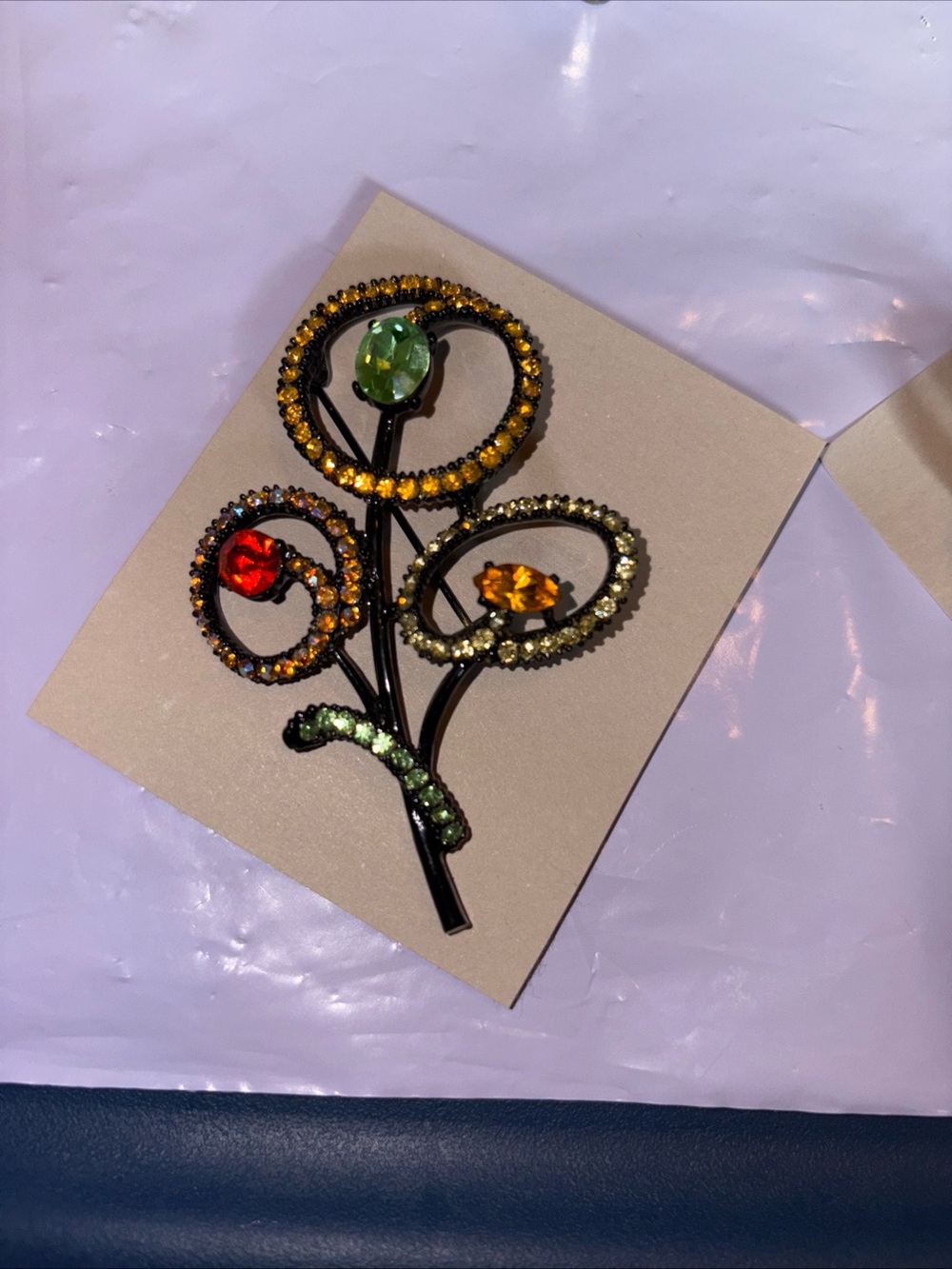 Multicolor Floral Crystal Brooch - Green, Red, Orange Accents